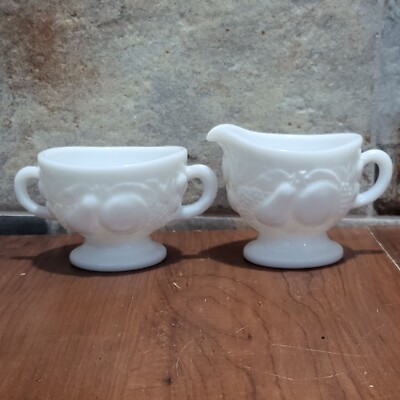 Vintage Milk Glass Footed Creamer Open Sugar Fruit Pattern Pear Peach Grapes 2 P
