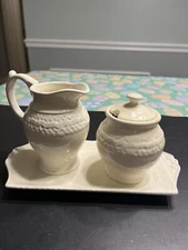 Tea With Alice Embossed Ivory Creamer Sugar Bowl with Lid and Under Plate