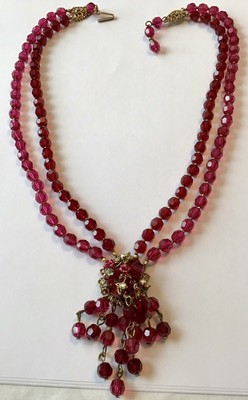 VINTAGE MIRIAM HASKELL SIGNED PINK & RED BEAD PENDANT NECKLACE