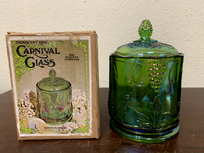Indiana Carnival Glass Iridescent Lime Harvest Candy Jar 7.5