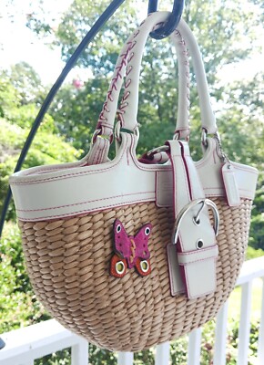 Coach 6270 Straw Butterfly Embellished Straw Tote With White