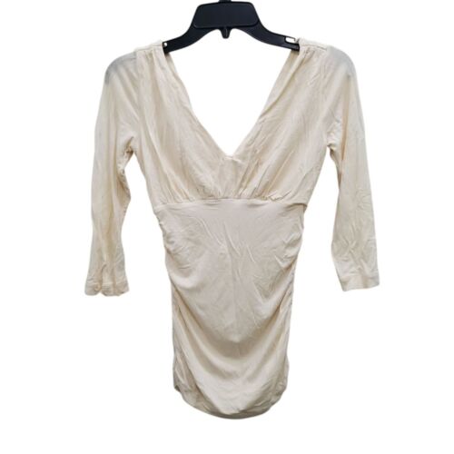 CAbi Womens Ivory White Ruched Side Double V-Neck Stretch Knit 3/4 Sleeve Top XS