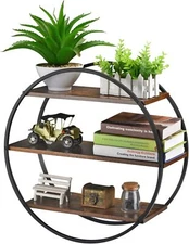 Floating Shelf, 3 Tier Decorative Geometric Circle Metal and Wood Wall Shelf