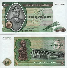 Zaire 5 Zaires 1977, UNC, P-21b