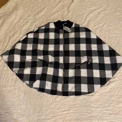 NWT Le Moda Womens Poncho Fleece Black White Buffalo Plaid Full Zip Pockets OS - Image 1 of 4