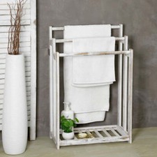 3-Bar Whitewashed Wood Freestanding Bathroom Towel Rack w/ Bottom Storage Shelf