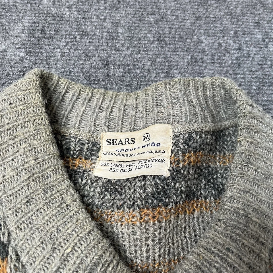 Винтажный 1970-х Sears ягнят шерсти кардиган свитер мужской M геометрический пуговицы 70-х - Изображение 3 из 4