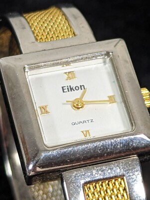 Eikon Womans Silver Tone Dial Square Case Two Tone Hinge Band Watch 6.25 Inch