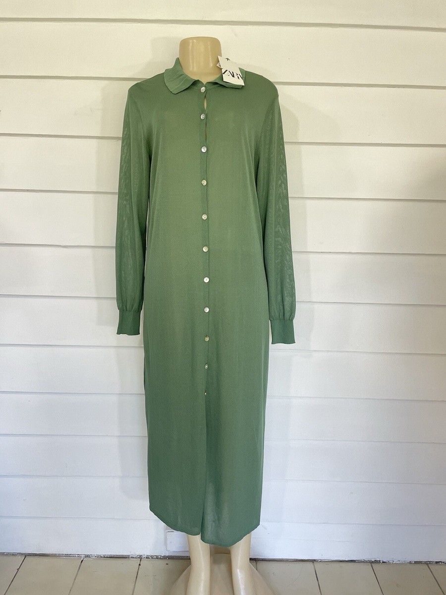 New ZARA Women Green Knit Shirt Midi Dress Button Closure Sheer size L  Y136C | eBay