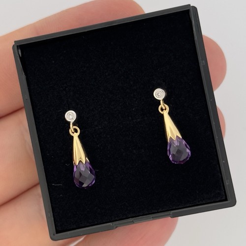 Vintage 18ct Yellow Gold Amethyst & Diamond Drop Dangle Earrings - Picture 2 of 5