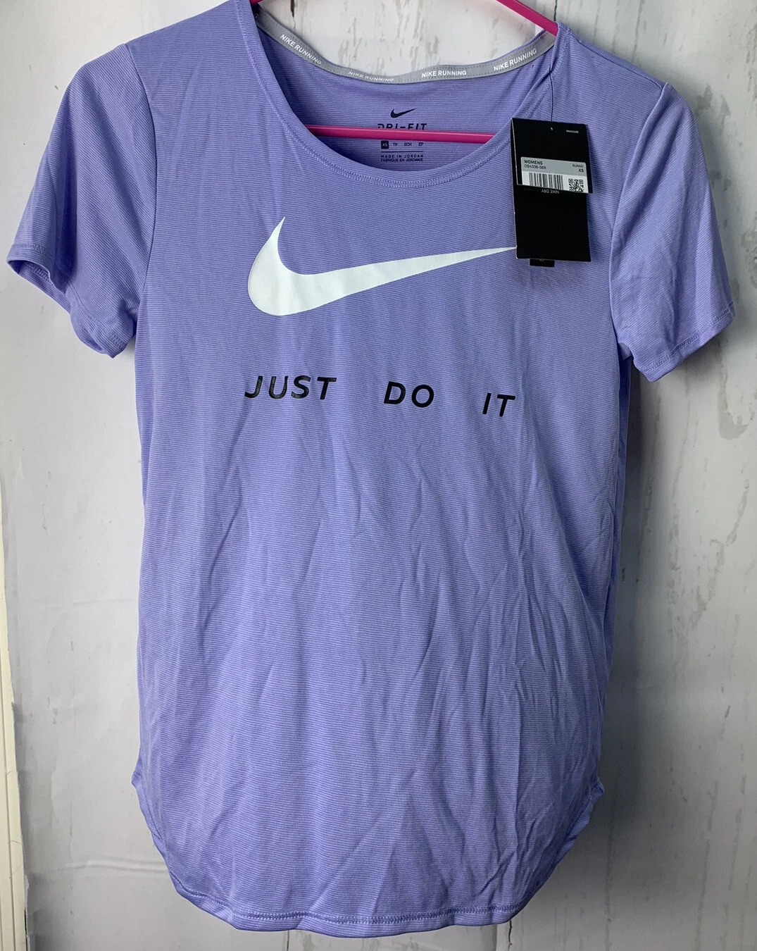 NWT Nike DRI Fit JUST DO IT Womens XS Purple Gray Striped SS T-shirt Top Shirt