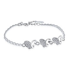 925 Genuine Sterling Silver Clear CZ Butterfly Pendant Link Chain Charm Bracelet
