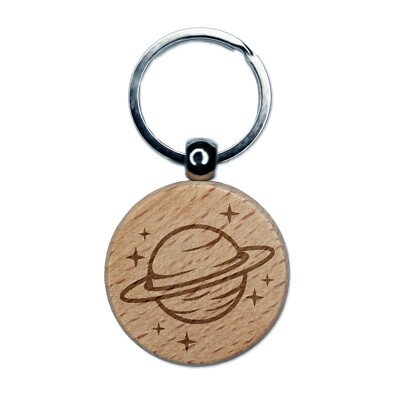 Saturn Planet with Rings and Stars Engraved Wood Round Keychain Tag Charm
