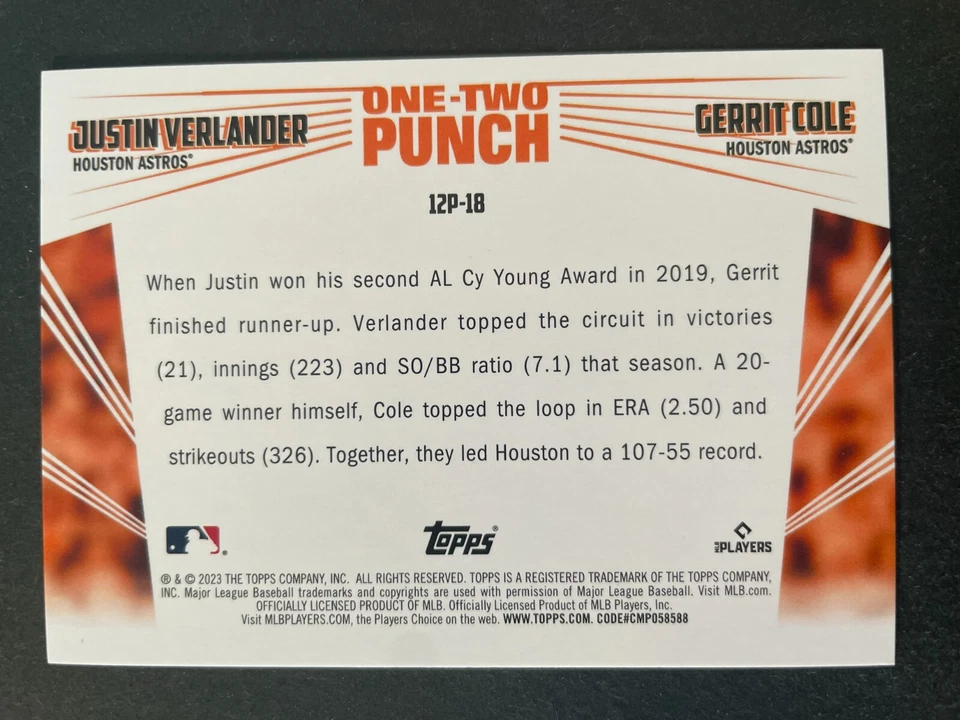 Justin VERLANDER & Gerrit COLE 2023 Topps Series 1 One Two Punch Insert #12P-18 - Image 2 of 2