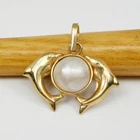 375 9ct 9k Yellow Gold Round Australian Mabe Pearl Dolphins Pendant
