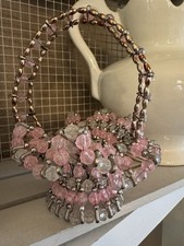 Vtg BEADED Safety Pin Basket Ruffled Pink Silver Grandma Kitch Easter HANDMADE