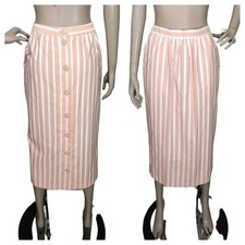 Vintage 90s Coral Striped Rear Button-Down Midi Retro Pencil Skirt Size S/M