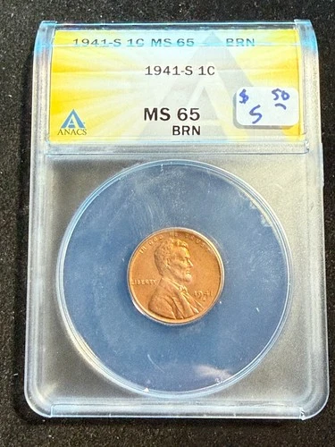 1941 S LINCOLN WHEAT CENT ANACS MS 65 BRN 198