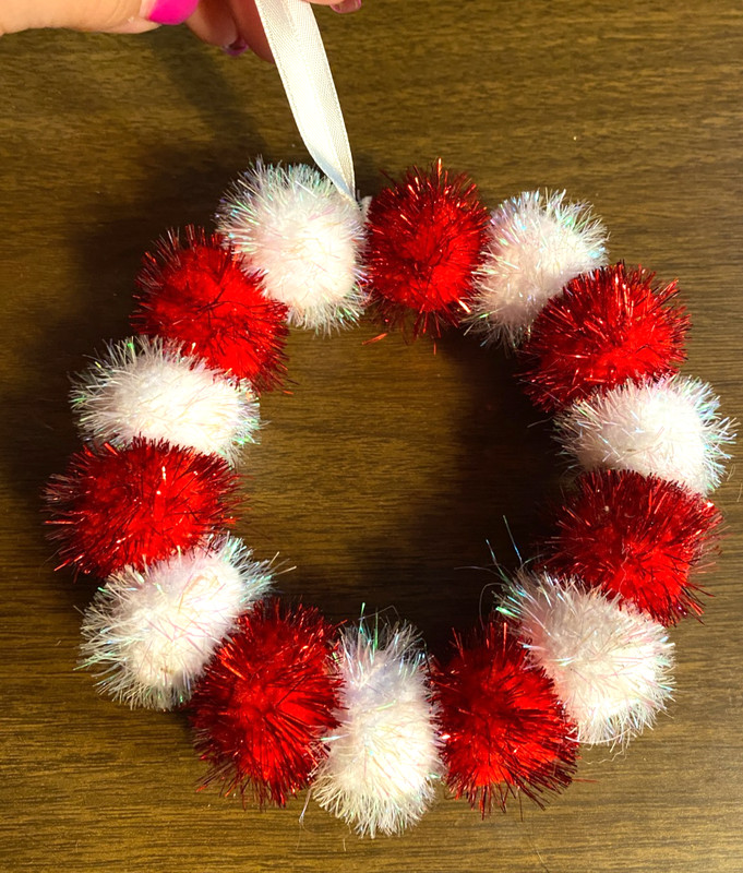 Pom Pom Red White Wreath Christmas Ornament 5"