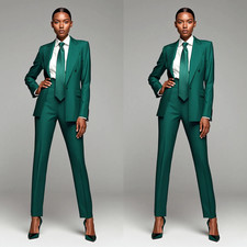 Women Suits Satin 2 Piece Ladies Blazer Pant Wedding Formal Outfit Set Green