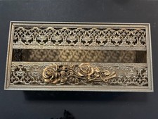 Vintage Pierced Filigree Metal Ormolu Tissue Box Holder Hollywood Regency Roses