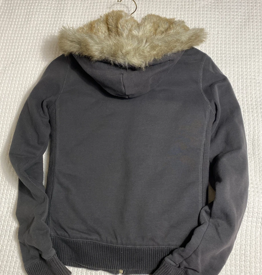 Sudadera con Capucha Vintage Aeropostale Forrada de Piel Sintética Mujer M Gris Cremallera Completa Y2K Foto 3 de 4