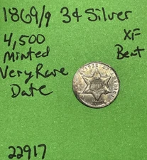 1869 9/9 Three Cent Silver 3c Xf Extra Fine Bent Very Rare Date 4,500 Minted