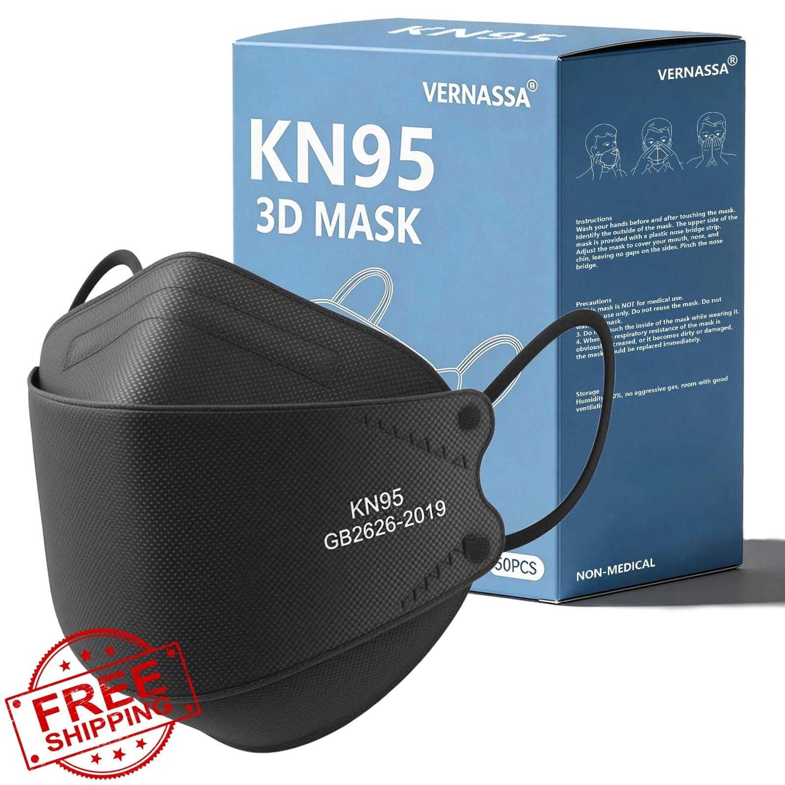 VERNASSA KN95 Face Masks 50 Pack Black