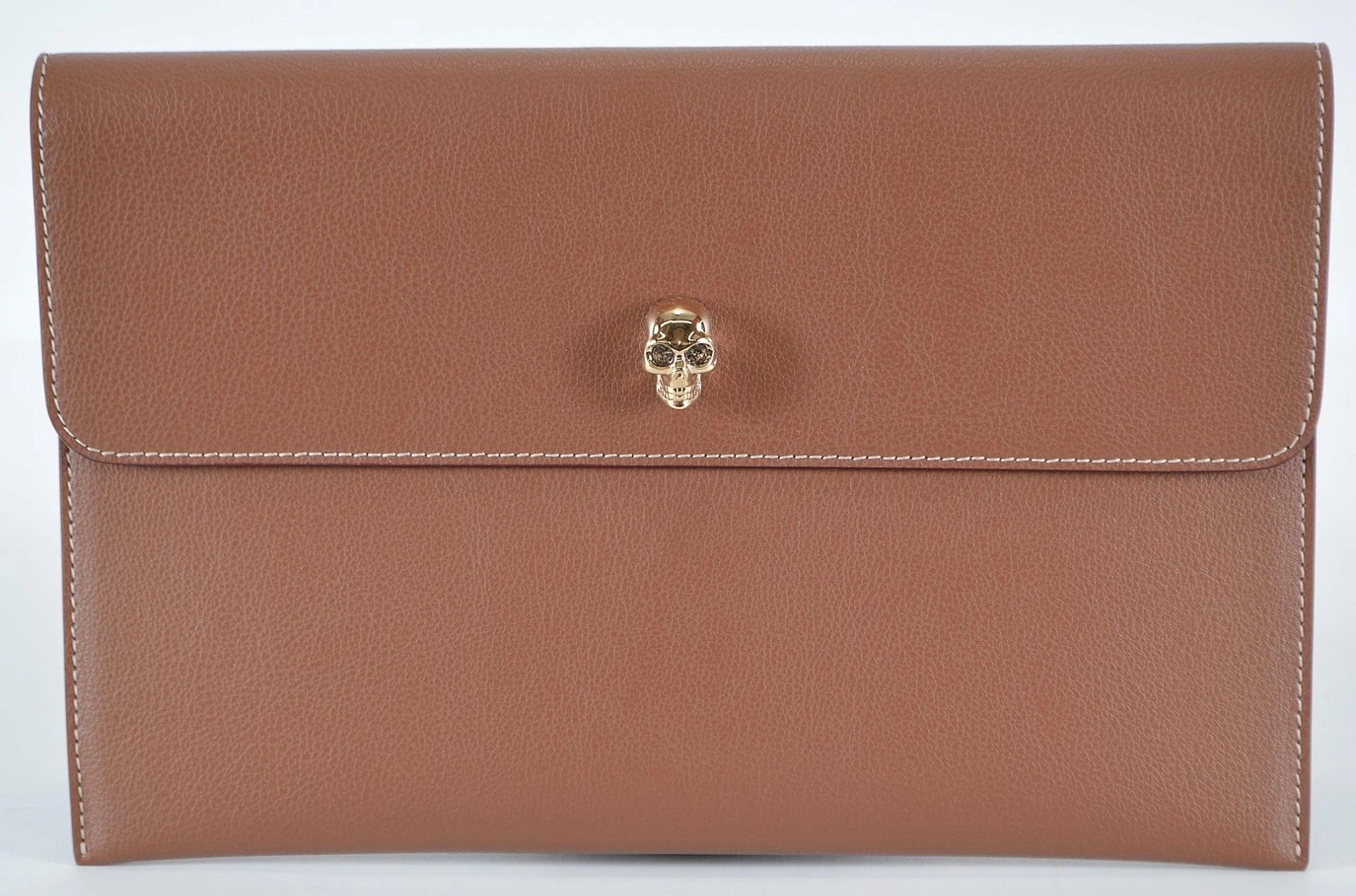 New Alexander McQueen Soft Tan Leather Skull Clasp Envelope Clutch Purse