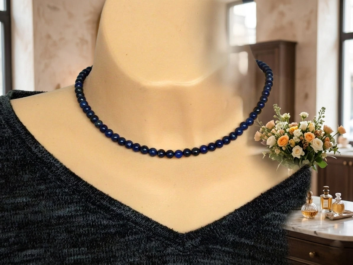 Natural Blue Lapis Lazuli 5-7MM Smooth Round Gemstone Beaded Unisex Necklace 18" - product detail image 6