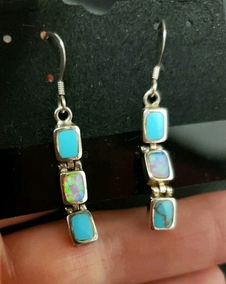 STERLING SILVER OPAL & TURQUOISE SOUTHWEST DANGLE STUD EARRINGS.