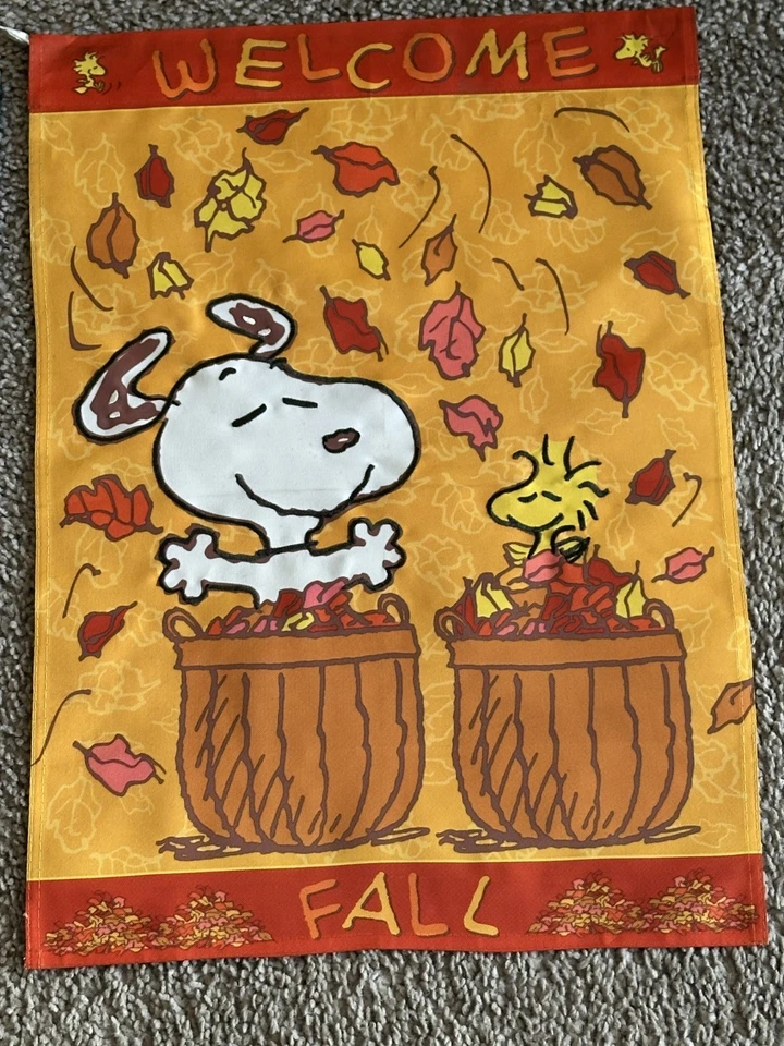 Vintage Snoopy Sliding Let It Snow Seasonal Winter and Fall Peanuts Garden Flags - Image 3 of 4
