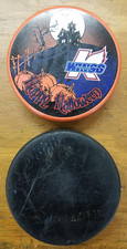 Kalamazoo Wings Hockey Pucks - Happy Halloween and Black Game Puck - Used