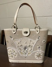 Vtg. Enid Collins Of Texas Purse Bag “Carriage Trade” White Jewels Wood Bottom