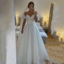 Sweetheart A Line Wedding Dress Sleeveless Shiny Sweap Train Elegant Bridal Gown