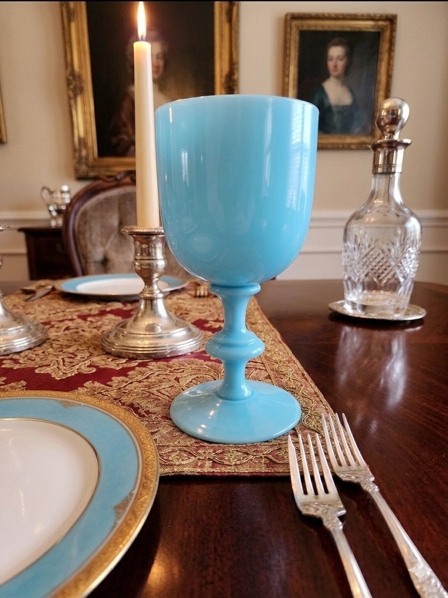 Cristallerie de Vallérysthal ヴァレリスタル MINT French Portieux Vallerysthal Blue Opaline Glass Water Goblets
