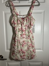 Liberty Love Cream Rose Floral Square Neck Ruched Mini Dress Size M NWT Cottagec