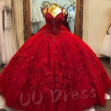 Red Quinceanera Dress 3D Floral Beaded Ball Gown Sweet 15 16 Prom Party Gown