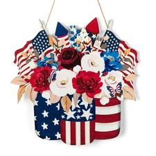 4th of July Decoration Wood Door Wall Signs, Wooden Mason Jar Wreaths Front D...