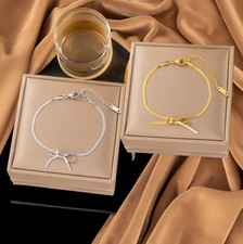 14K Gold Platd Stainless Steel Herringbone Snake Bracelet Bowknot Adjustable T30