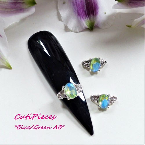 3D NailArt Green Blue AB Iridescent Rhinestone Gem Curved Half Rings Alloy Metal - Picture 7 of 8