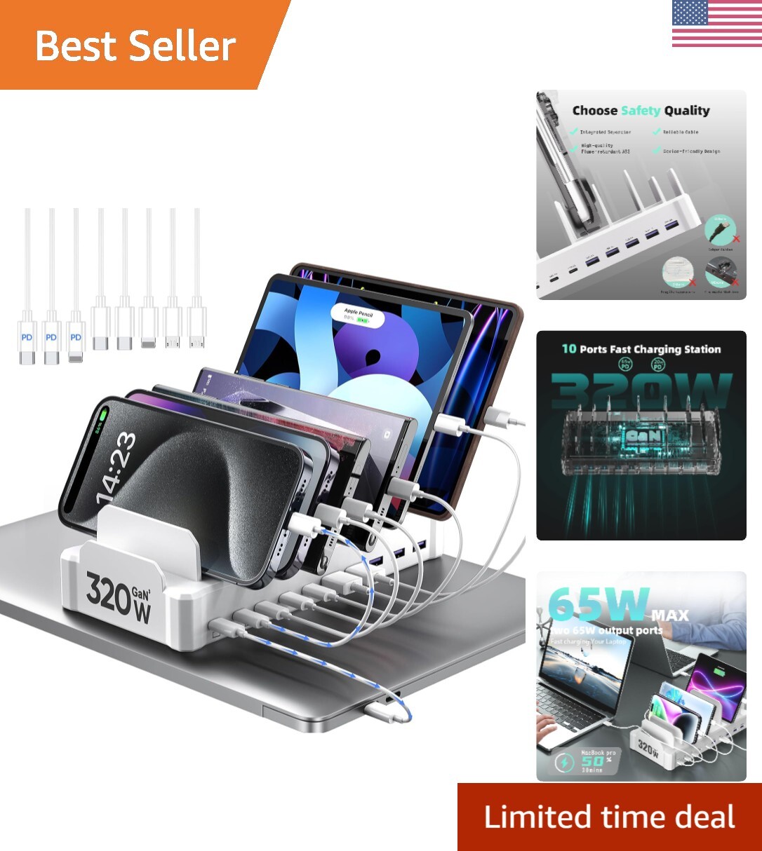 320W 10-Port USB C Fast Charger Station for Multiple Devices-image