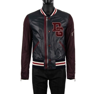 Dolce Gabbana College Bomber Giacca di Pelle Con Dg Logo Blu