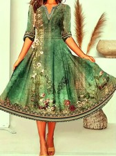 Stretchy Comfortable Green Floral Print A-Line Midi Dress Half Sleeves M S NWT