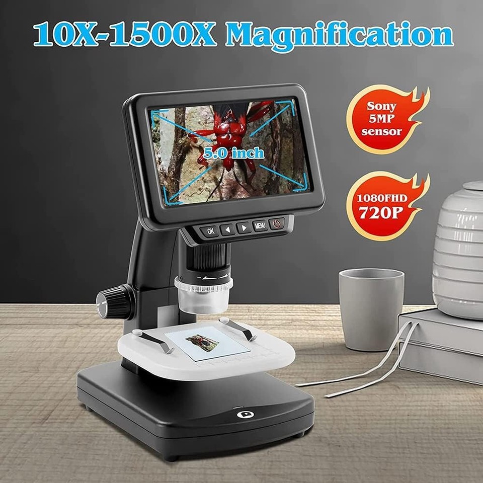 Digital Microscope With 1500X Magnification, HDMI 1080P Video, 5 Inch ...