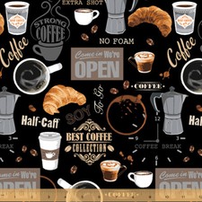 Food Fabric Coffee Shop Mug Croissant Words Black Windham YARD