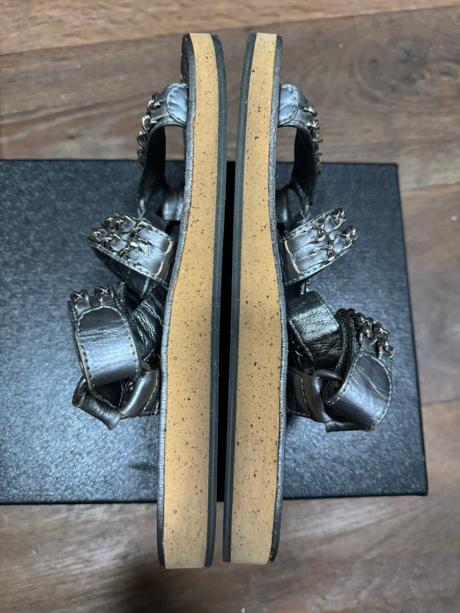 Chanel Metallized Lambskin Silver Sandals, G33800X52211 Chanel Metallized Lambskin Silver Sandals, G33800X52211