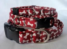 RED WITH WHITE BONES DOG COLLAR ADJUSTABLE HANDMANDE CUSTOM MADE TO ORDER