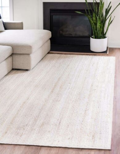 Rug 100% Natural Jute Braided style Handmade White Runner Rug Living Area Carpet - Afbeelding 1 van 12