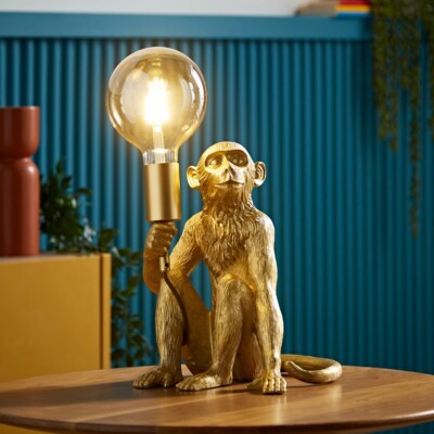 Gold Tier Tischlampe Affen Haltebirne 32 cm hoch Retro Wohnzimmer Licht